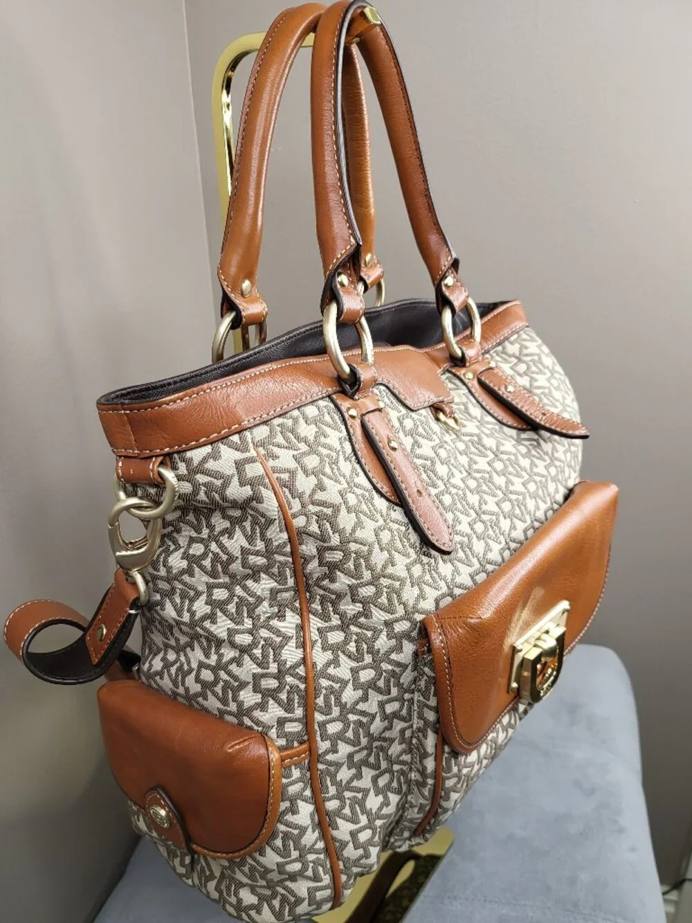 DKNY Signature Logo Jacquard Convertible Shoulder Crossbody Bag Tan Brown